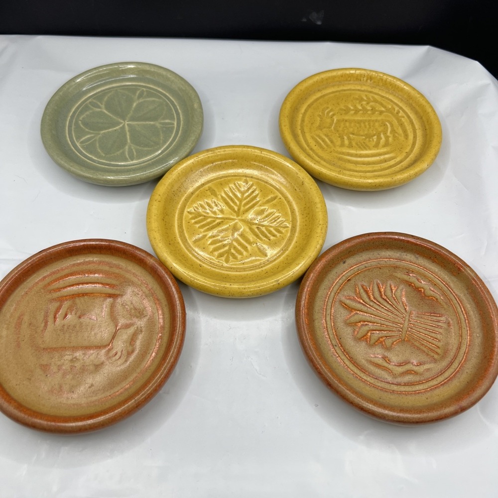 Pigeon Forge Pottery (5pc set) Butter Mold Prints Coasters Tennessee Vintage USA